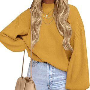 Casual Turtleneck Long Lantern Sleeve Oversized Ribbed Knit Pullover Sweater